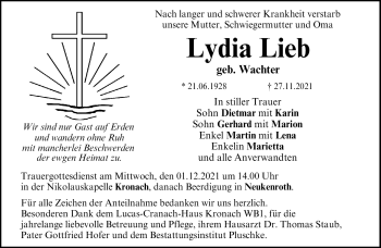 Traueranzeige von Lydia Lieb von Neue Presse Coburg