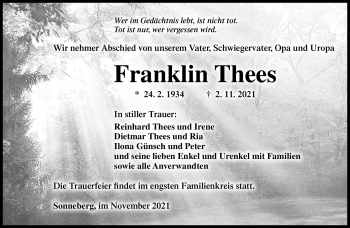 Traueranzeige von Franklin Thees von Südthüringer Presse