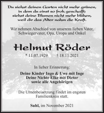 Traueranzeige von Helmut Röder von Südthüringer Presse