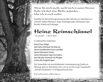 Traueranzeige von Heinz Reimschüssel von Südthüringer Presse