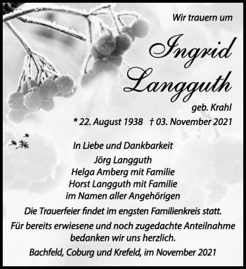 Traueranzeige von Ingrid Langguth von Südthüringer Presse