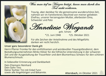 Traueranzeige von Anneliese Weigandt von Südthüringer Presse