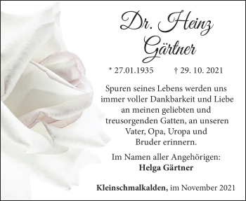 Traueranzeige von Heinz Gärtner von Südthüringer Presse