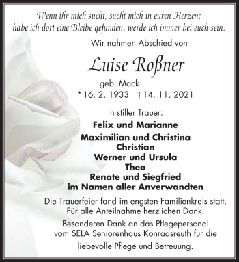 Traueranzeige von Luise Roßner von Frankenpost