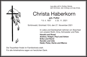 Traueranzeige von Christa Haberkorn von Frankenpost