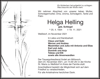 Traueranzeige von Helga Helling von Frankenpost