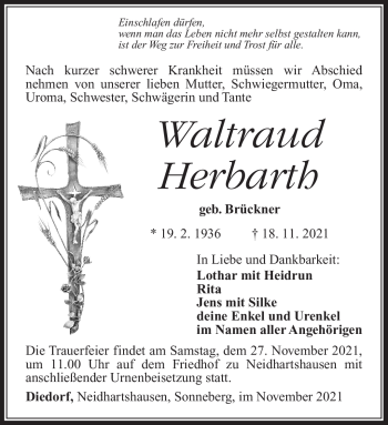 Traueranzeige von Waltraud Herbarth von Südthüringer Presse