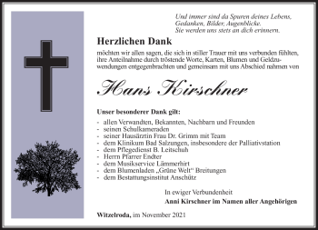 Traueranzeige von Hans Kirschner von Südthüringer Presse