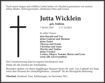 Traueranzeige von Jutta Wicklein von Südthüringer Presse