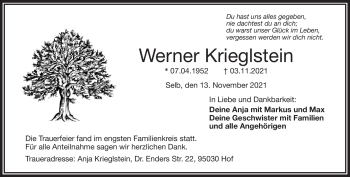 Traueranzeige von Werner Krieglstein von Frankenpost