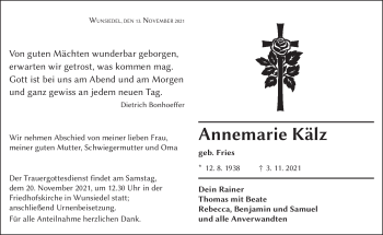 Traueranzeige von Annemarie Kälz von Frankenpost