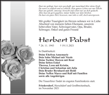 Traueranzeige von Herbert Pabst von Südthüringer Presse