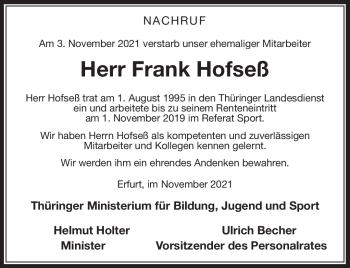 Traueranzeige von Hofseß Frank von Südthüringer Presse