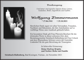 Traueranzeige von Wolfgang Zimmermann von Südthüringer Presse