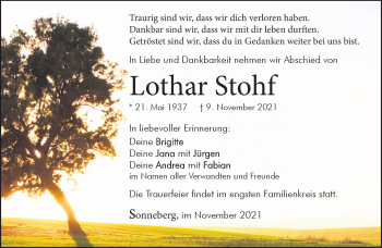Traueranzeige von Lothar Stohf von Südthüringer Presse