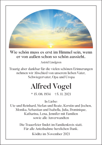Traueranzeige von Alfred Vogel von Frankenpost