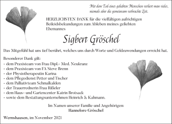 Traueranzeige von Sigbert Gröschel von Südthüringer Presse