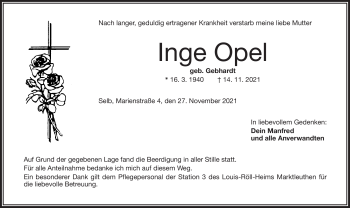 Traueranzeige von Inge Opel von Frankenpost