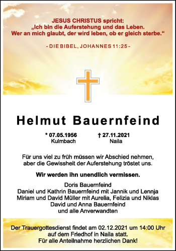 Traueranzeige von Helmut Bauernfeind von Frankenpost