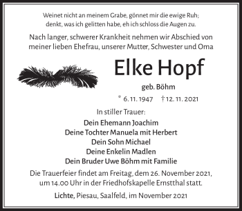 Traueranzeige von Elke Hopf von Südthüringer Presse