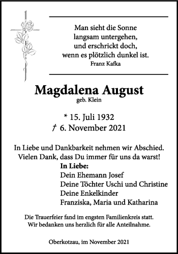 Traueranzeige von Magdalena August von Frankenpost