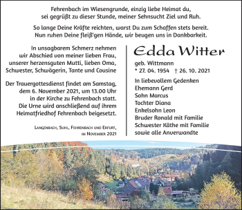 Traueranzeige von Edda Witter von Südthüringer Presse