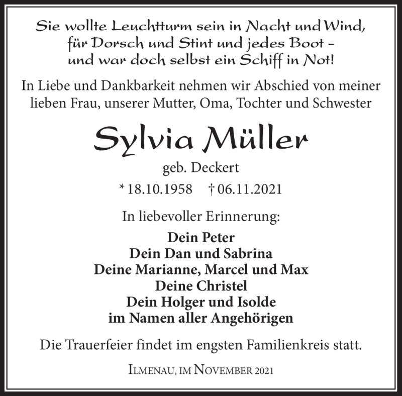  Traueranzeige für Sylvia Müller vom 20.11.2021 aus Südthüringer Presse