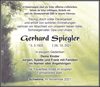 Traueranzeige von Gerhard Spiegler von Südthüringer Presse