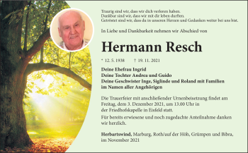Traueranzeige von Hermann Resch von Südthüringer Presse