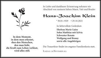 Traueranzeige von Hans-Joachim Klein von Südthüringer Presse