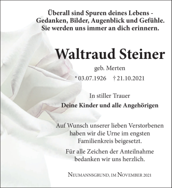 Traueranzeige von Waltraud Steiner von Südthüringer Presse