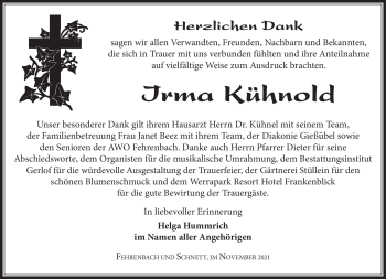 Traueranzeige von Irma Kühnold von Südthüringer Presse