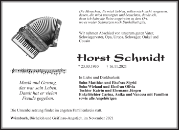 Traueranzeige von Horst Schmidt von Südthüringer Presse