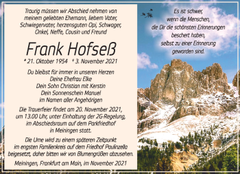 Traueranzeige von Frank Hofseß von Südthüringer Presse