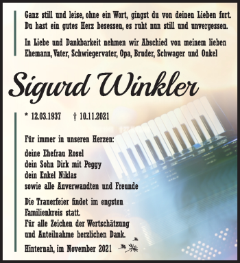 Traueranzeige von Sigurd Winkler von Südthüringer Presse