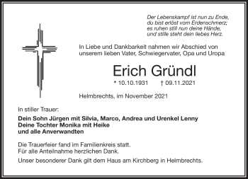 Traueranzeige von Erich Gründl von Frankenpost