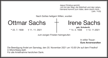 Traueranzeige von Irene Sachs von Frankenpost