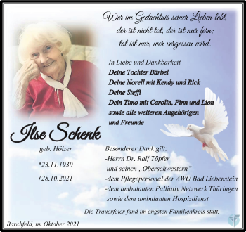 Traueranzeige von Ilse Schenk von Südthüringer Presse
