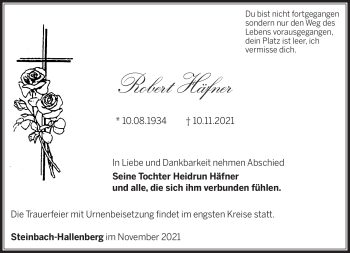 Traueranzeige von Robert Häfner von Südthüringer Presse