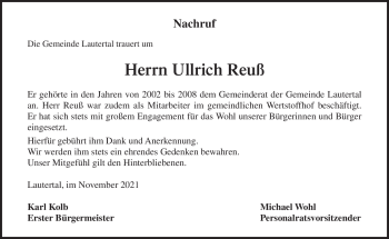 Traueranzeige von Ulrich Reuß von Neue Presse Coburg