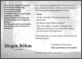 Traueranzeige von Jürgen Böhm von Südthüringer Presse