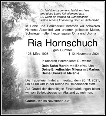 Traueranzeige von Ria Hornschuh von Südthüringer Presse