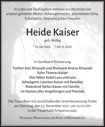 Traueranzeige von Heide Kaiser von Südthüringer Presse
