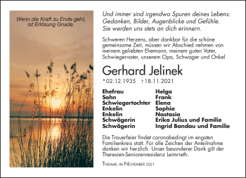 Traueranzeige von Gerhard Jelinek von Südthüringer Presse