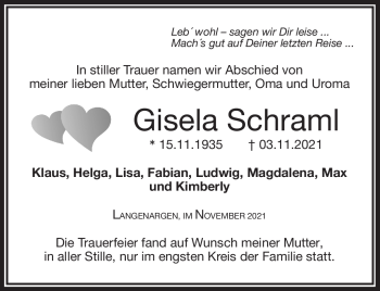 Traueranzeige von Gisela Schraml von Frankenpost