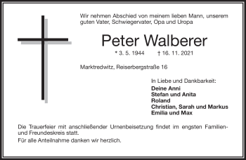 Traueranzeige von Peter Walberer von Frankenpost