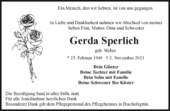 Traueranzeige von Gerda Sperlich von Frankenpost