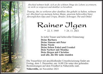Traueranzeige von Rainer Ilgen von Südthüringer Presse