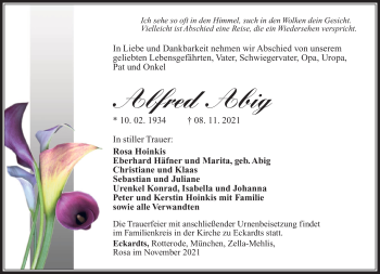 Traueranzeige von Alfred Abig von Südthüringer Presse
