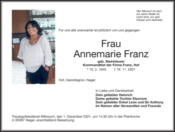 Traueranzeige von Annemarie Franz von Frankenpost